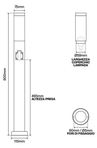Paletto da giardino con Doppia Presa Corrente 80cm Acciaio Inox E27