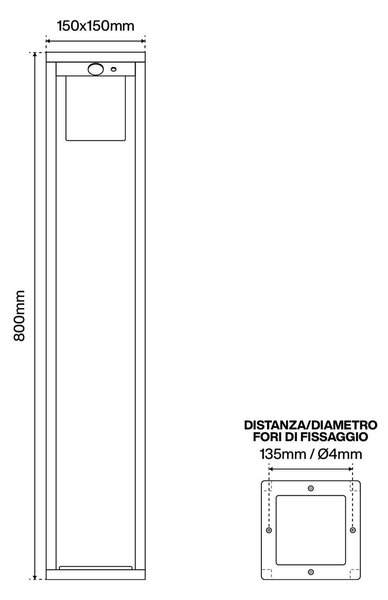 Paletto Lanterna Solare 80cm Nero con Sensore + Picchetto Colore Bianco Naturale 4.000K