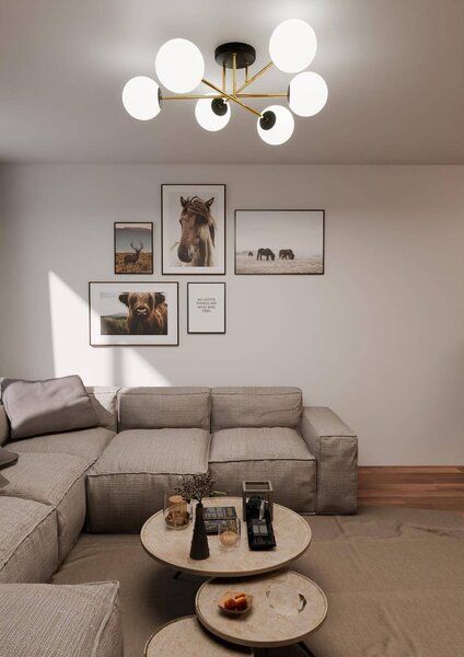 Lampadario Magnum Nero e Oro con 6 Sfere Satinate E14 da soffitto