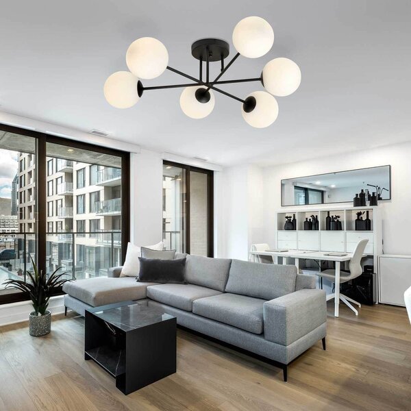Lampadario Roma 6 Nero con sfere Bianche Satinate E14 da soffitto