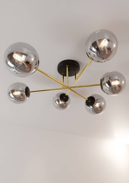 Lampadario Magnum Nero e Oro con 6 Sfere Grafite E14 da soffitto