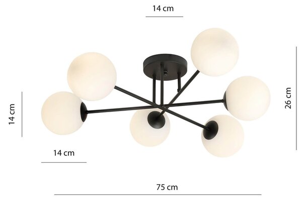 Lampadario Roma 6 Nero con sfere Bianche Satinate E14 da soffitto