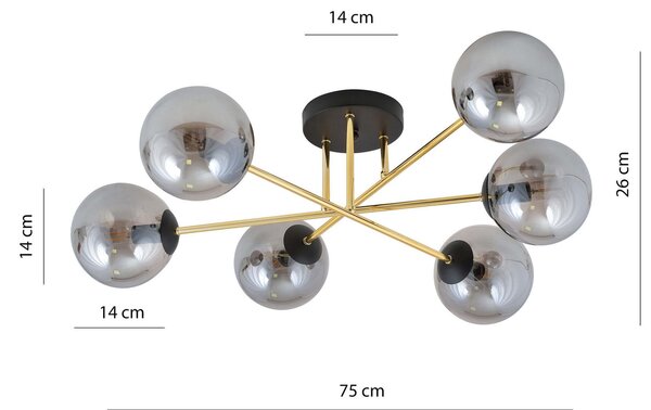 Lampadario Magnum Nero e Oro con 6 Sfere Grafite E14 da soffitto