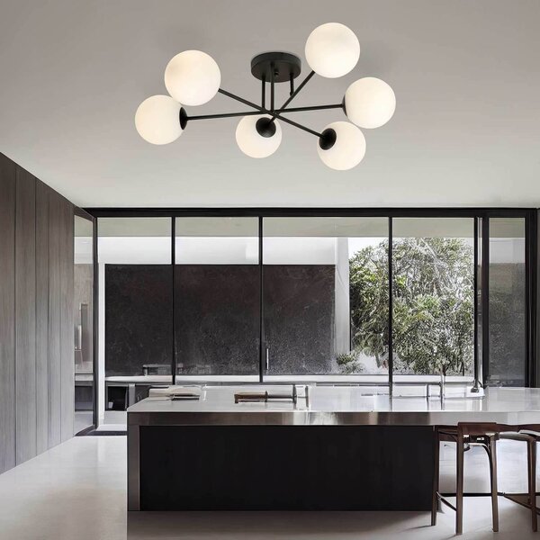 Lampadario Roma 6 Nero con sfere Bianche Satinate E14 da soffitto