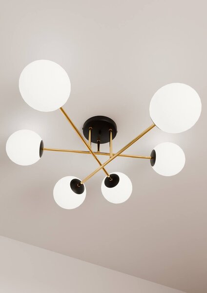 Lampadario Magnum Nero e Oro con 6 Sfere Satinate E14 da soffitto