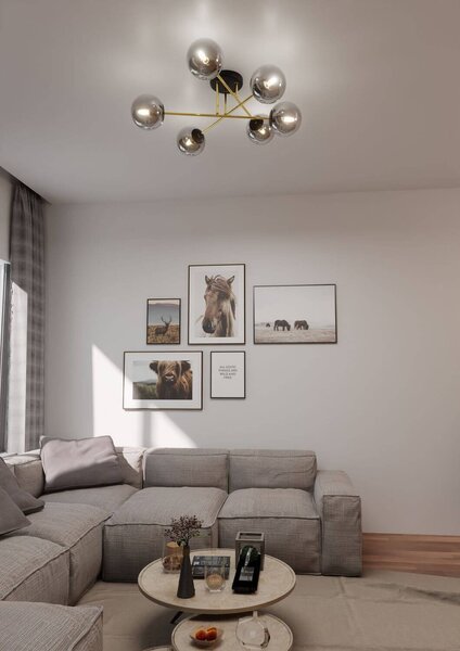 Lampadario Magnum Nero e Oro con 6 Sfere Grafite E14 da soffitto