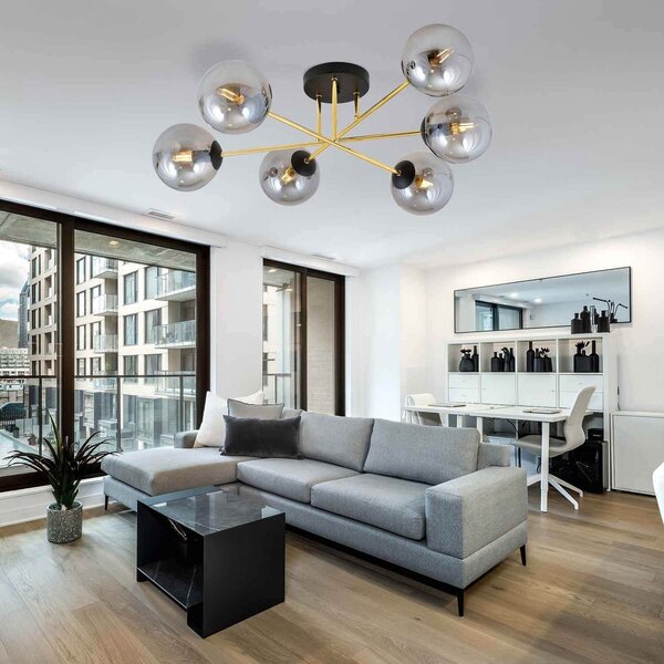 Lampadario Magnum Nero e Oro con 6 Sfere Grafite E14 da soffitto