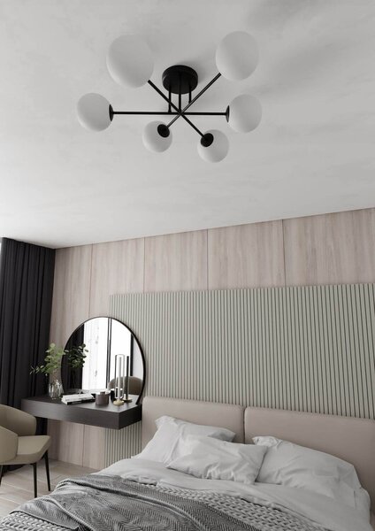 Lampadario Roma 6 Nero con sfere Bianche Satinate E14 da soffitto