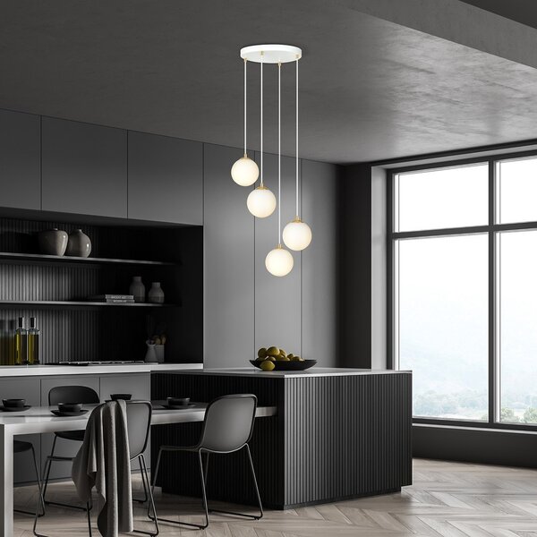 Lampadario a Sospensione in Acciaio e Vetro ROYAL 4 Bianco o Nero 4xE14