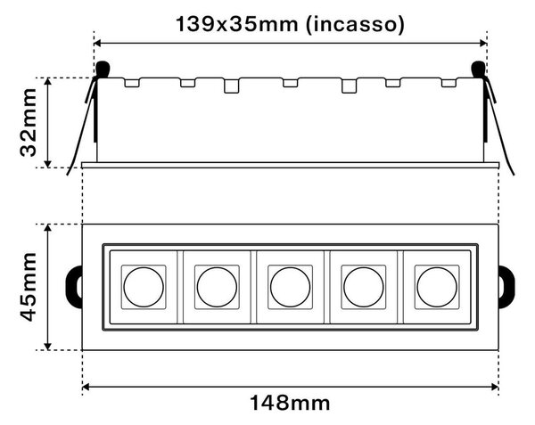 Faro LED da Incasso 12W Foro 140x35mm Bianco Colore Bianco Naturale 4.000K