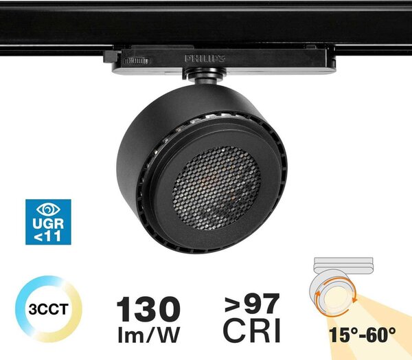 Faro LED 34WTrifase Regolabile 15°-60° Nero con driver Philips CRI97 UGR11 Colore Bianco Variabile CCT