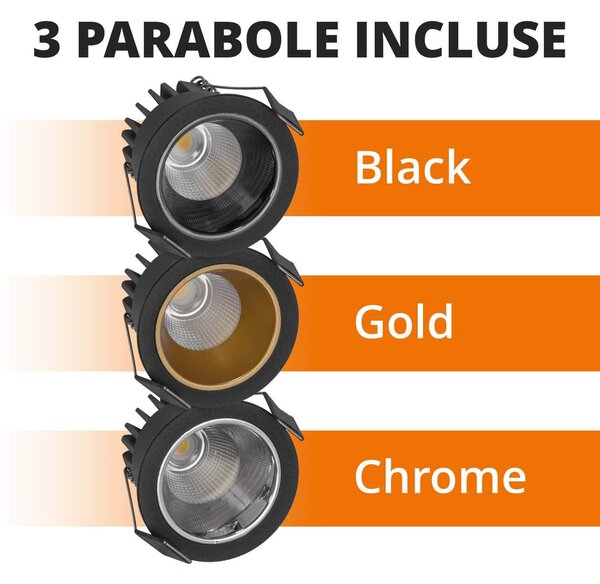 Faro da Incasso 7W Foro Ø55mm Nero IP40 CCT BRIDGELUX LED 3 Parabole Colore Bianco Variabile CCT