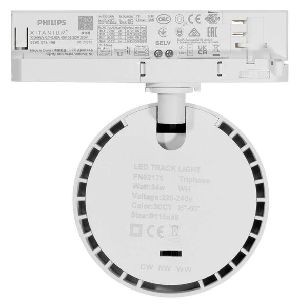 Faro LED 34W Trifase Regolabile 15°-60° Bianco con driver Philips Colore Bianco Variabile CCT