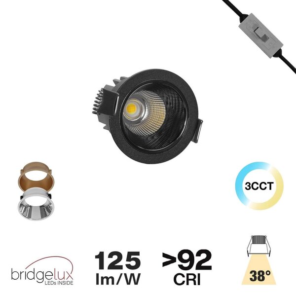 Faro da Incasso 7W Foro Ø55mm Nero IP40 CCT BRIDGELUX LED 3 Parabole Colore Bianco Variabile CCT