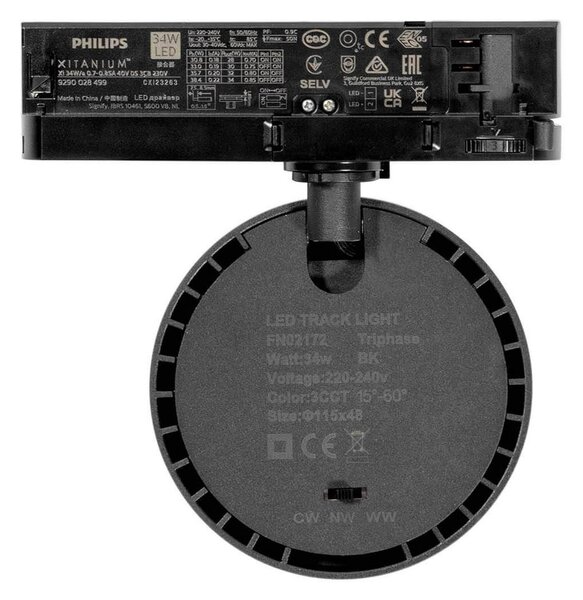 Faro LED 34WTrifase Regolabile 15°-60° Nero con driver Philips CRI97 UGR11 Colore Bianco Variabile CCT
