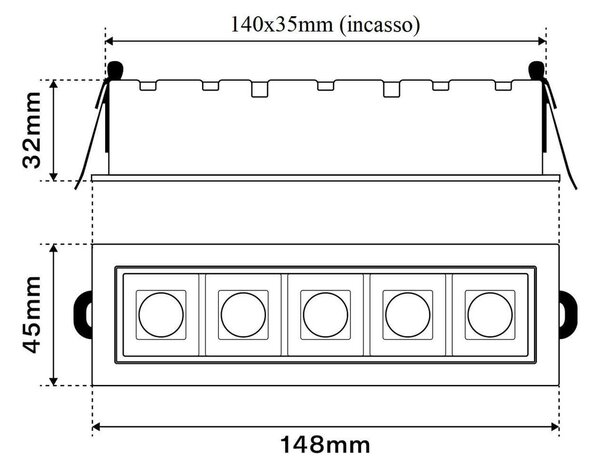Faro LED Incasso 12W Nero Rettangolare Foro 140x35mm CRI92 Colore Bianco Caldo 3.000K