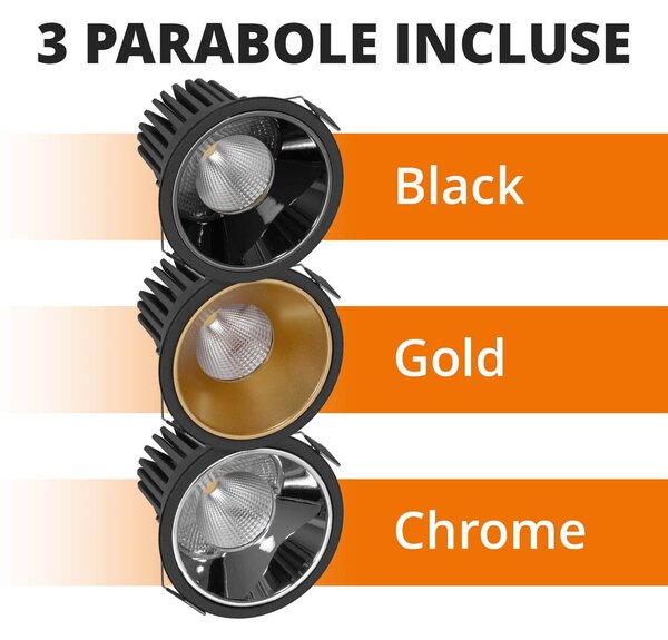 Faro da Incasso 18W Foro Ø90mm Nero IP40 CCT BRIDGELUX LED 3 Parabole Colore Bianco Variabile CCT