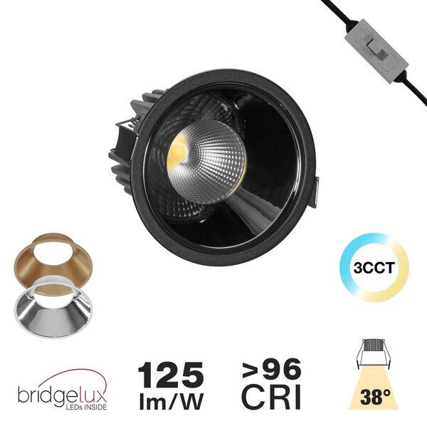 Faro da Incasso 18W Foro Ø90mm Nero IP40 CCT BRIDGELUX LED 3 Parabole Colore Bianco Variabile CCT