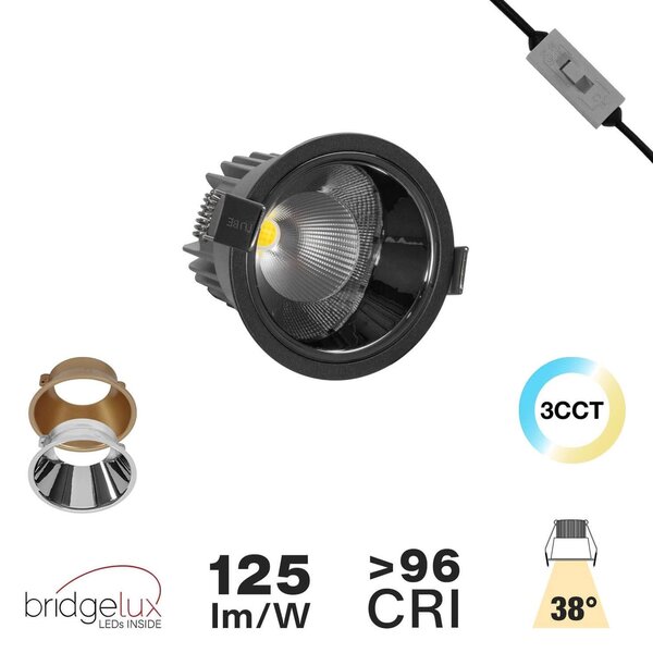 Faro da Incasso 12W Foro Ø75mm Nero IP40 CCT BRIDGELUX LED 3 Parabole Colore Bianco Variabile CCT