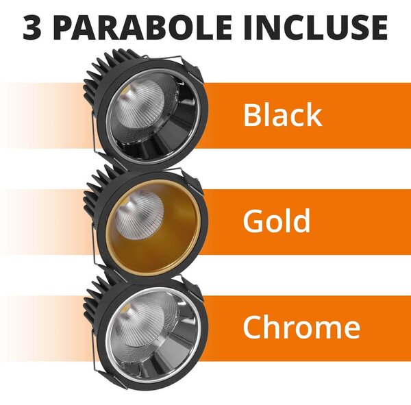 Faro da Incasso 12W Foro Ø75mm Nero IP40 CCT BRIDGELUX LED 3 Parabole Colore Bianco Variabile CCT