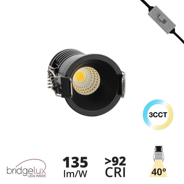 Faretto LED Incasso 5W Foro Ø35mm 3CCT - CRI92 Nero UGR11 Colore Bianco Variabile CCT