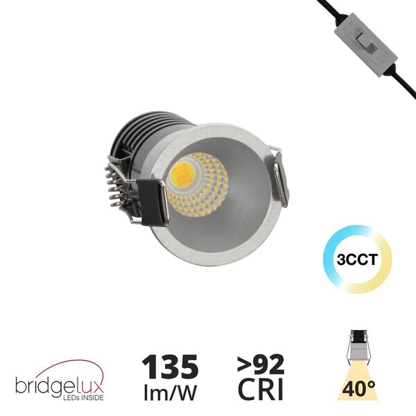 Faretto LED Incasso 5W Foro Ø35mm 3CCT - CRI92 Grigio Perlato UGR11 Colore Bianco Variabile CCT