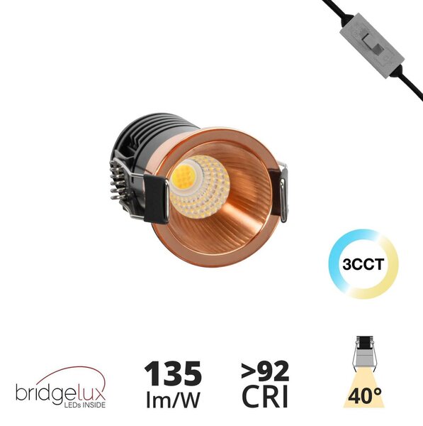 Faretto LED Incasso 5W Foro Ø35mm 3CCT - CRI92 Oro Rosa UGR11 Colore Bianco Variabile CCT