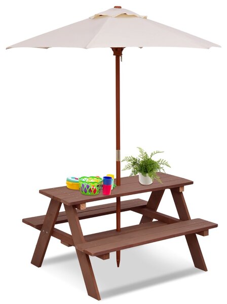 Costway Tavolo da picnic per bambini 3 in 1 con ombrellone rimovibile panche in legno, Tavolo per attività all’aperto