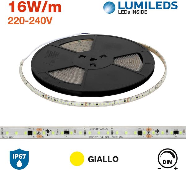 Striscia LED 220V 16W/m chip Lumileds Dimmerabile IP67 10m GIALLO Colore Giallo