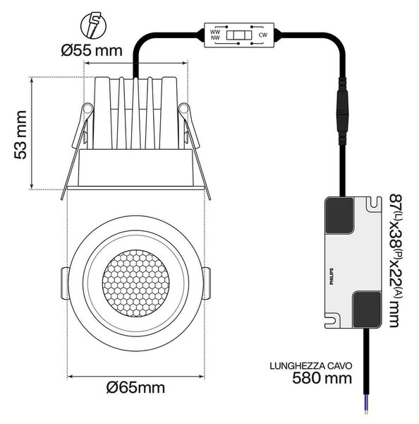 Faro da Incasso Nero 8W Foro Ø55mm CCT 15°-55° con driver Philips Colore Bianco Variabile CCT