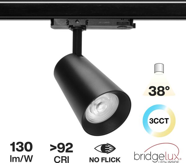 Faro LED 40W Trifase Nero CRI92 CCT Bianco Variabile 38° Bridgelux LED Colore Bianco Variabile CCT
