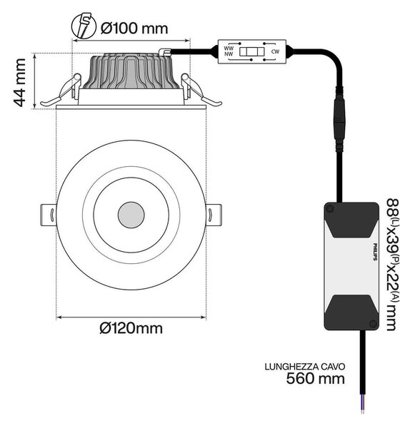 Faro da incasso 10W Foro Ø100mm Bianco Variabile con driver Philips Colore Bianco Variabile CCT