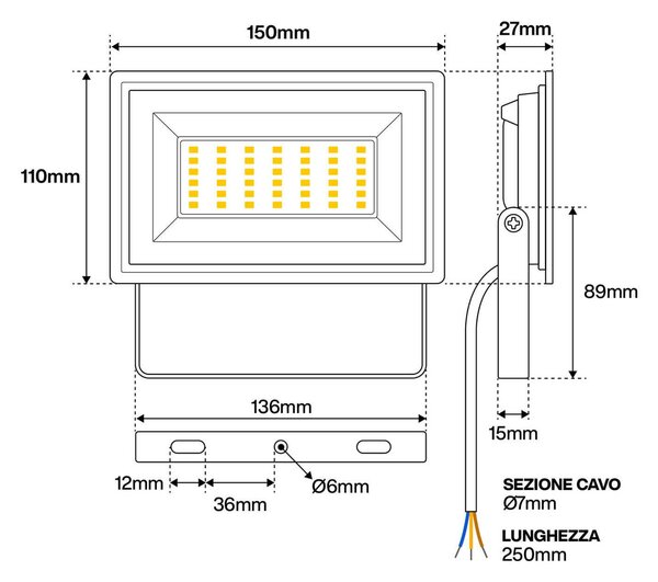 Faro LED 30W IK07 IP65 Bianco Colore Bianco Caldo 3.000K
