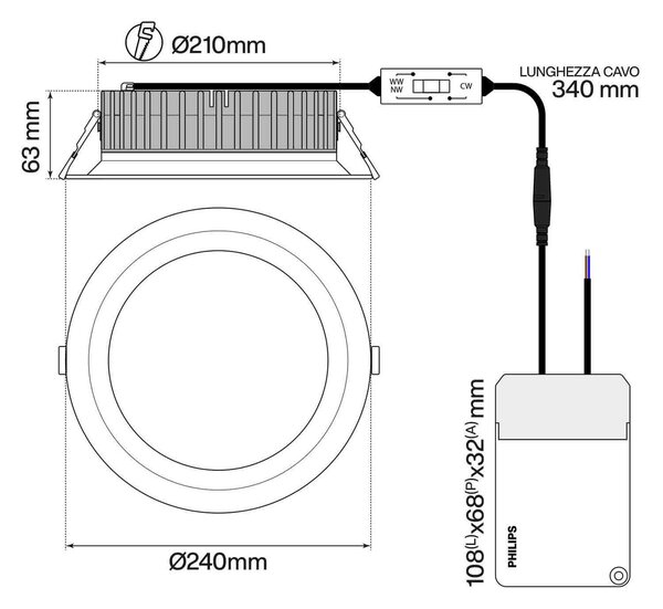 Faro LED da Incasso 60W Foro Ø210mm Bianco CCT IP54 con driver Philips Colore Bianco Variabile CCT