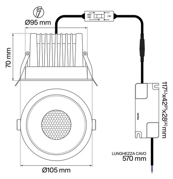 Faro da Incasso 18W Foro Ø95mm CCT 15°-55° con driver Philips Colore Bianco Variabile CCT