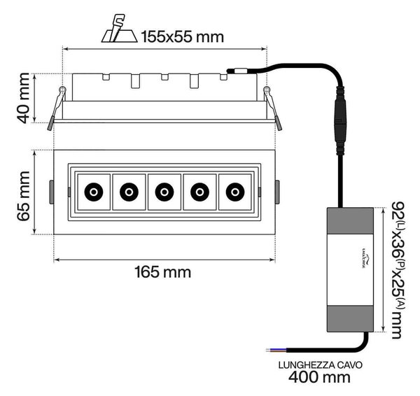 Faro LED da Incasso Bianco 12W Orientabile Foro 155x55mm Colore Bianco Caldo 3.000K