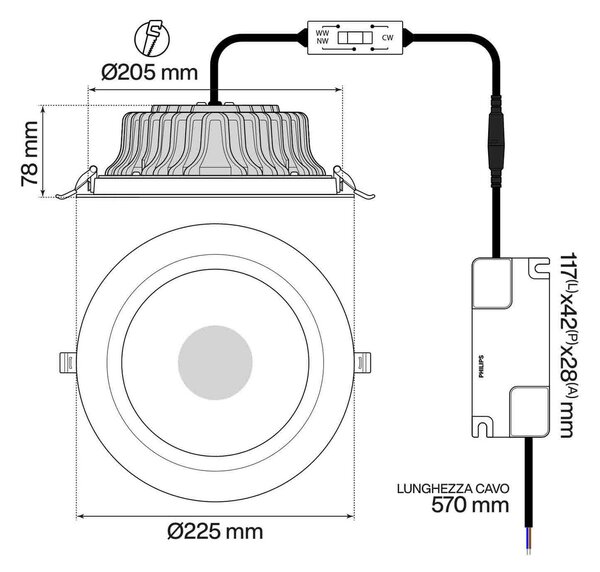 Faro da incasso 42WForo Ø205mm Bianco Variabile con driver Philips Colore Bianco Variabile CCT