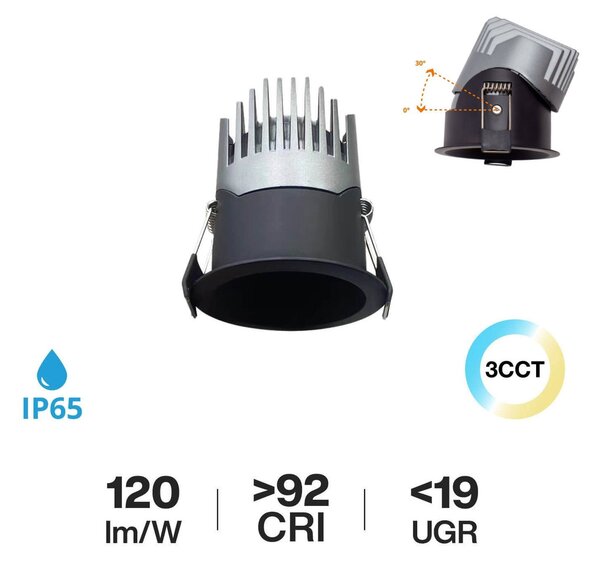 Faro LED da Incasso 10W Nero Ø65mm IP65 CCT UGR19 con driver Philips Colore Bianco Variabile CCT