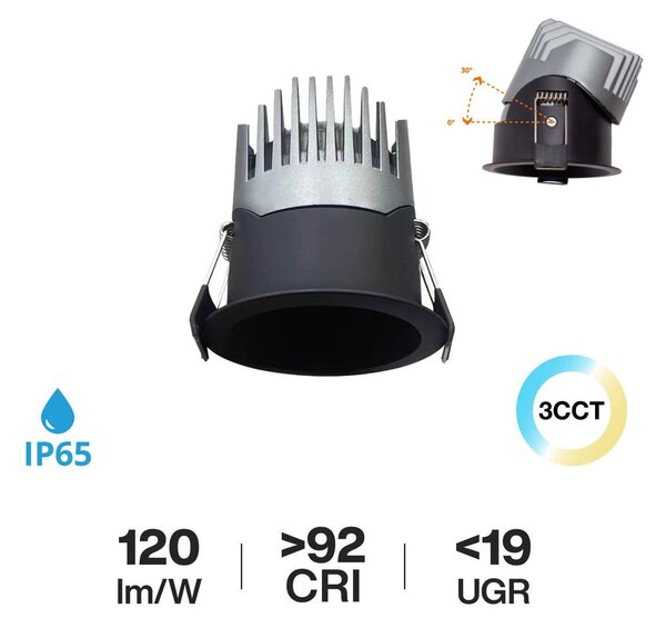 Faro LED da Incasso 15W Nero Ø75mm IP65 CCT UGR19 con driver Philips Colore Bianco Variabile CCT