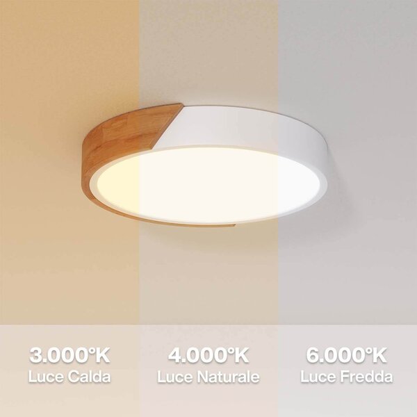 Plafoniera LED Rotonda 18W CCT Ø300mm Legno/Bianco