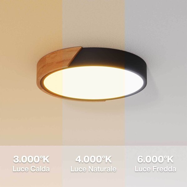 Plafoniera LED Rotonda 18W CCT Ø300mm Legno/Nero