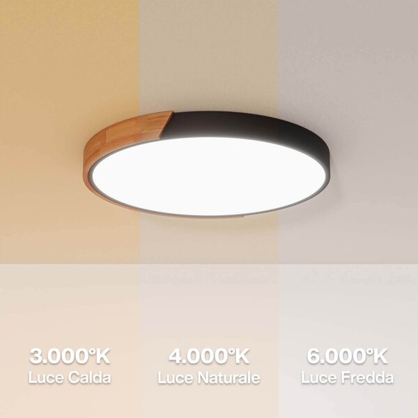 Plafoniera LED Rotonda 36W CCT Ø500mm Legno/Nero