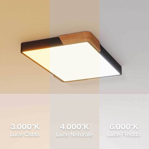 Plafoniera LED Rettangolare 30W CCT 60x40cm Legno/Nero