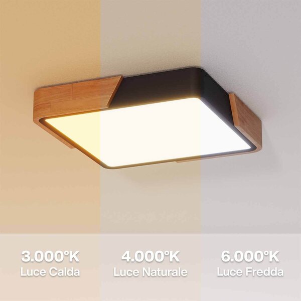 Plafoniera LED Quadrata 18W CCT 30x30cm Legno/Nero