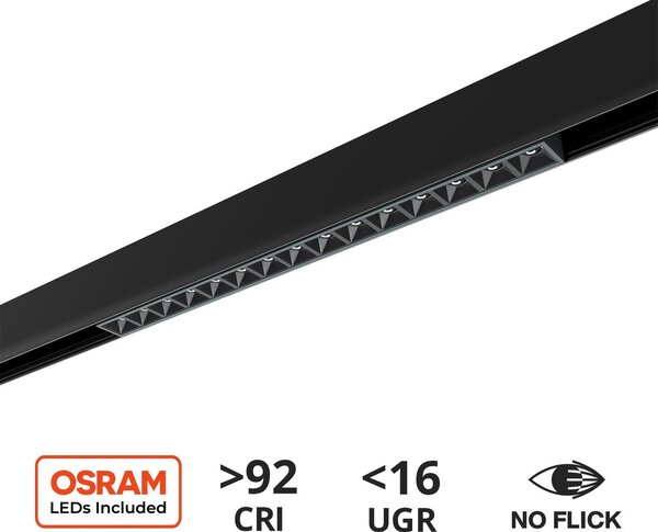 Faro LED Lineare 18W Magnetico 32cm CRI92 UGR16 Nero 48V Colore Bianco Caldo 3.000K