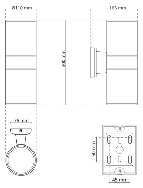 Applique Cilindrica Bidirezionale XL IP54 Con 2 basi E27 - Grigia