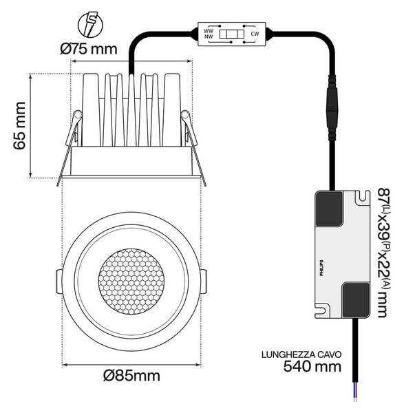 Faro da Incasso Nero 12W Foro Ø75mm CCT 15°-55° con driver Philips Colore Bianco Variabile CCT