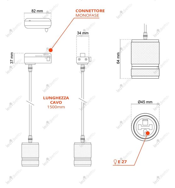 Lampada a Sospensione E27 per Binario Monofase - Bianca