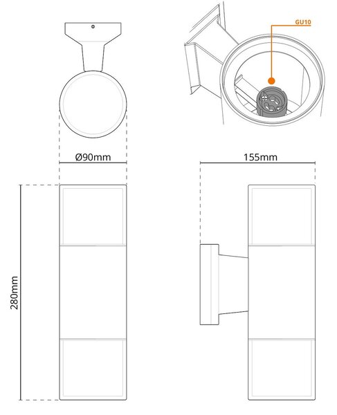 Applique Cilindrica Bidirezionale Bianca IP54 con 2 basi GU10