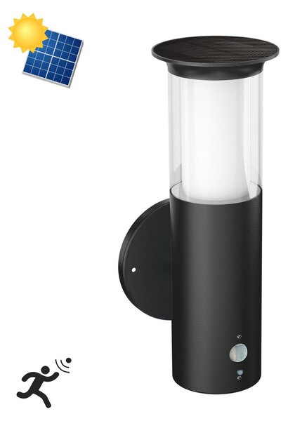 Applique Solare Nera in Acciaio con Sensore di Movimento IP54 Colore Bianco Naturale 4.000K